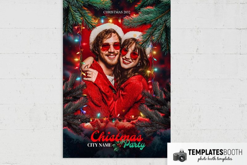 Christmas Tree photo booth template: portrait Christmas print with one photo on a brick wall