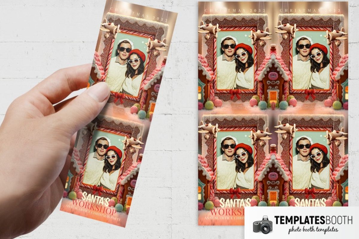 Christmas workshop photo booth template with iced gingerbread frames, candy-cane borders, toy airplanes and sweets