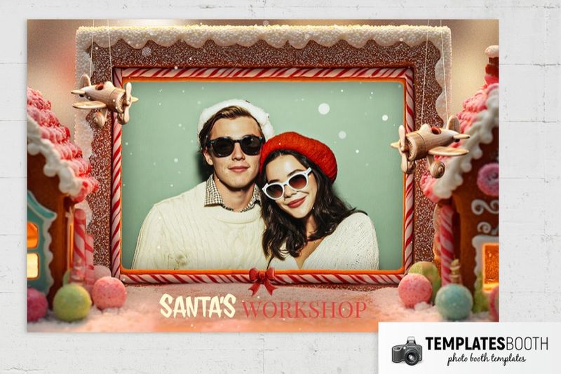 Christmas Workshop photo booth template: landscape Christmas print with one photo and gingerbread frame