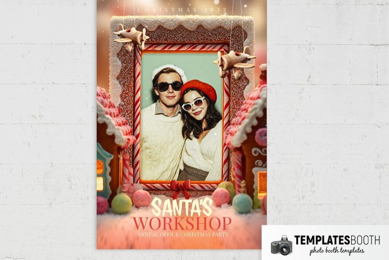 Christmas Workshop photo booth template: portrait Christmas print with one photo and gingerbread frame