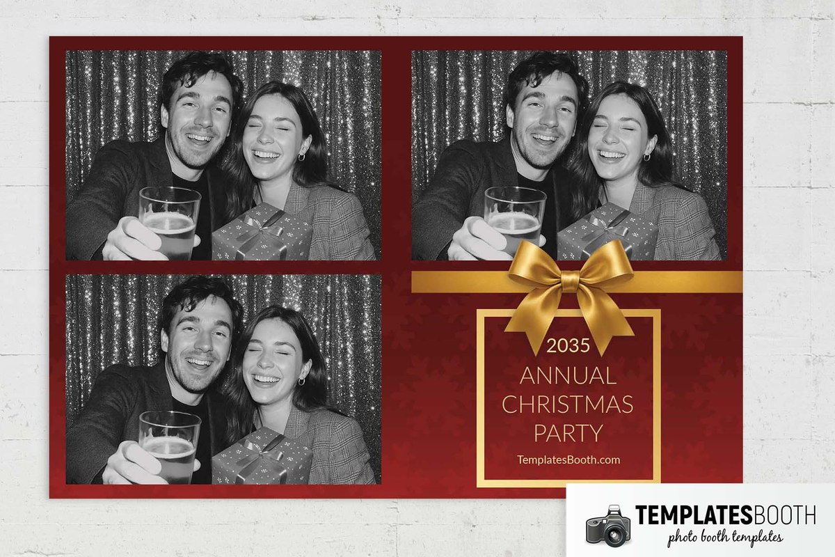 Classic Christmas photo booth strip with deep red borders, two stacked photos and a large gold ribbon bow