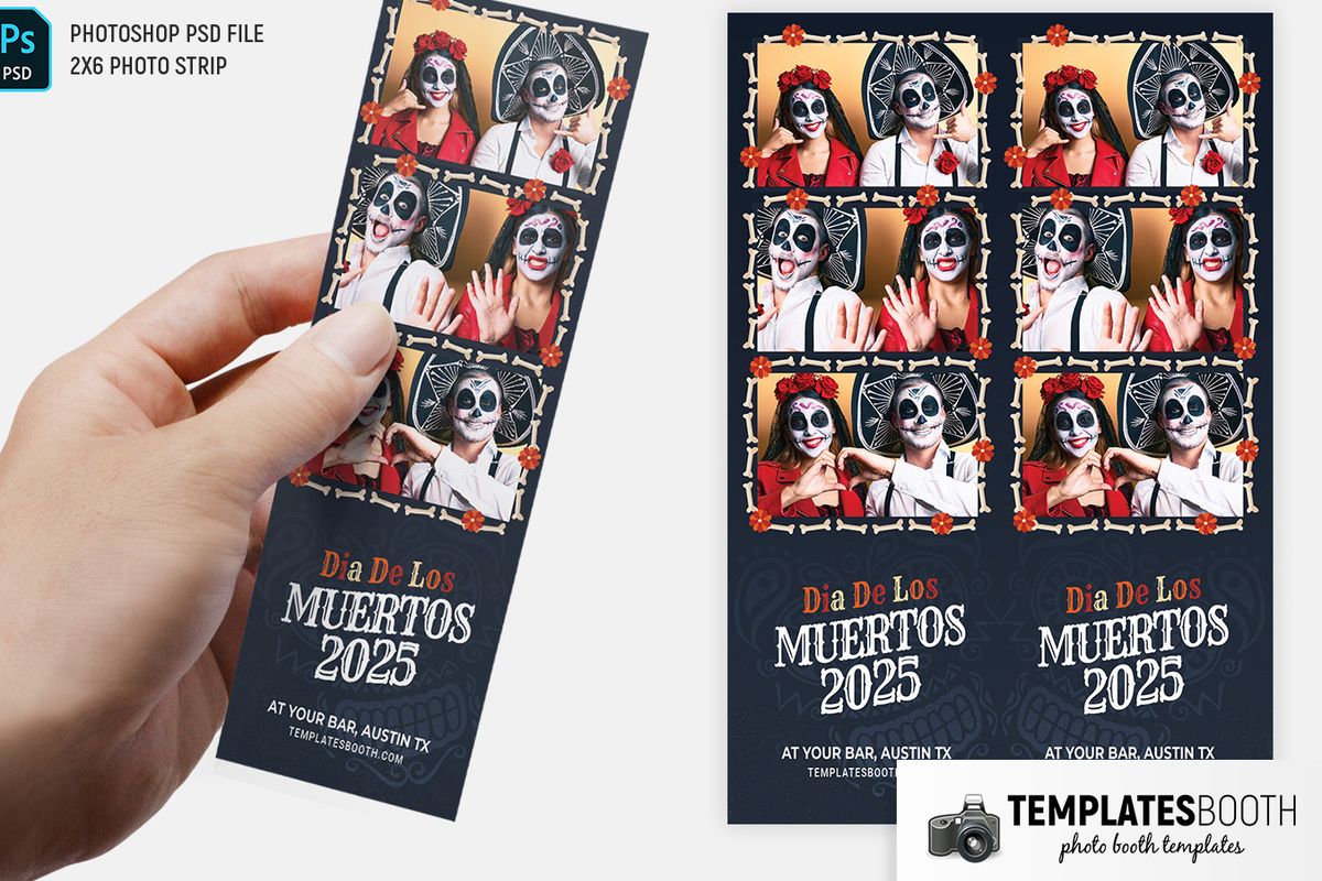 Day of the Dead photo booth template with cream bone borders, orange-red flowers and a navy background
