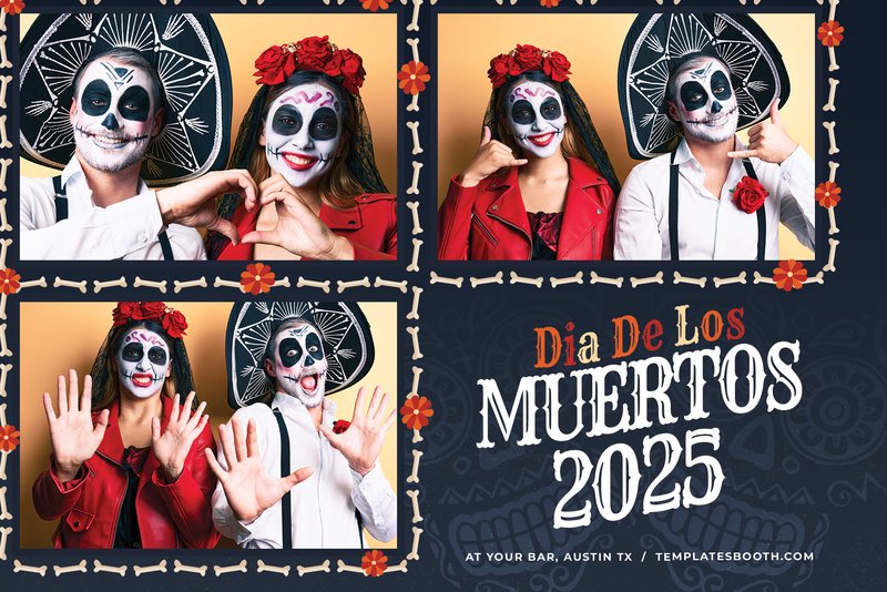 Dia De Los Muertos photo booth template: three photos with bone borders and lower-right event text
