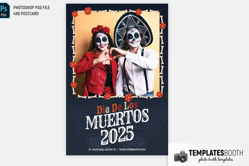 Dia De Los Muertos photo booth template: portrait postcard with one photo above Day of the Dead text