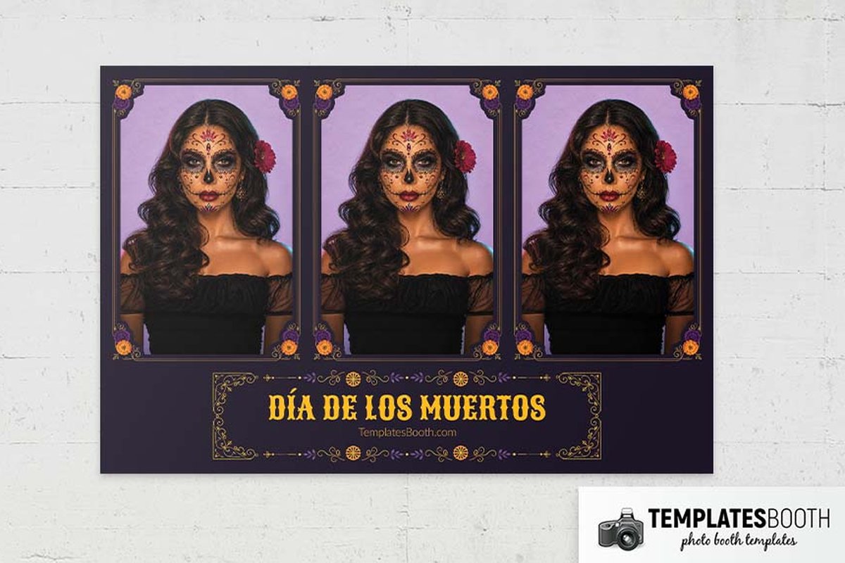 Day of the Dead photo booth template with dark purple panels, gold borders, orange flowers and small candles