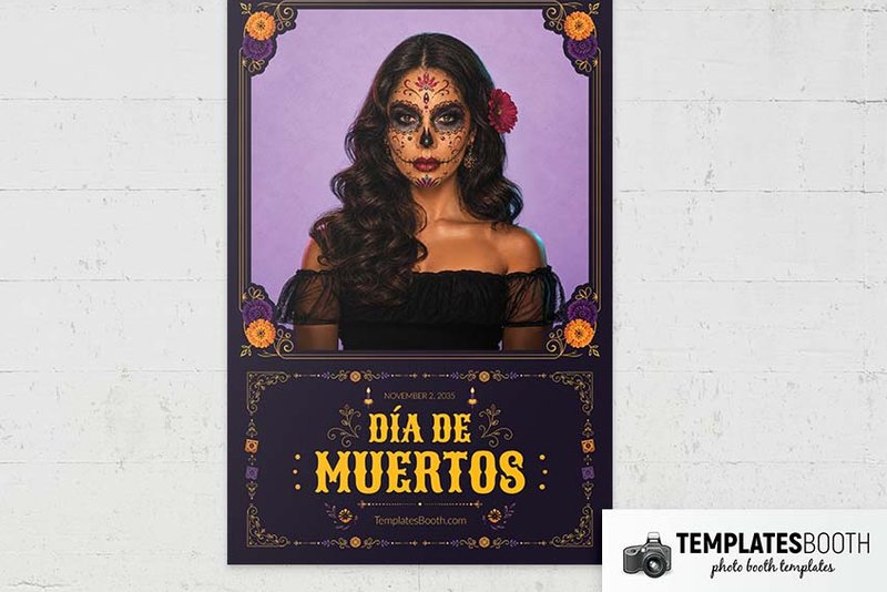 Día de Muertos photo booth template: portrait print with one photo above yellow event lettering