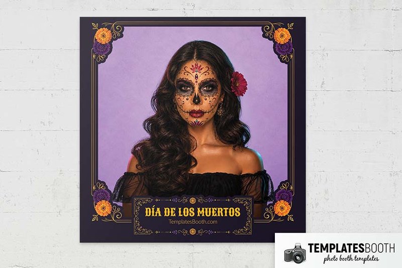 Día de Muertos photo booth template: square print with one portrait and yellow lettering