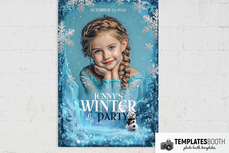 Frozen Birthday photo booth template: portrait print with one photo and winter decorations on white brick