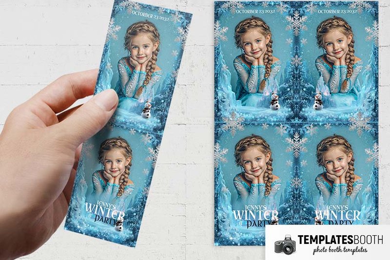 Frozen Birthday photo booth template: two-photo strip held beside a four-photo portrait print