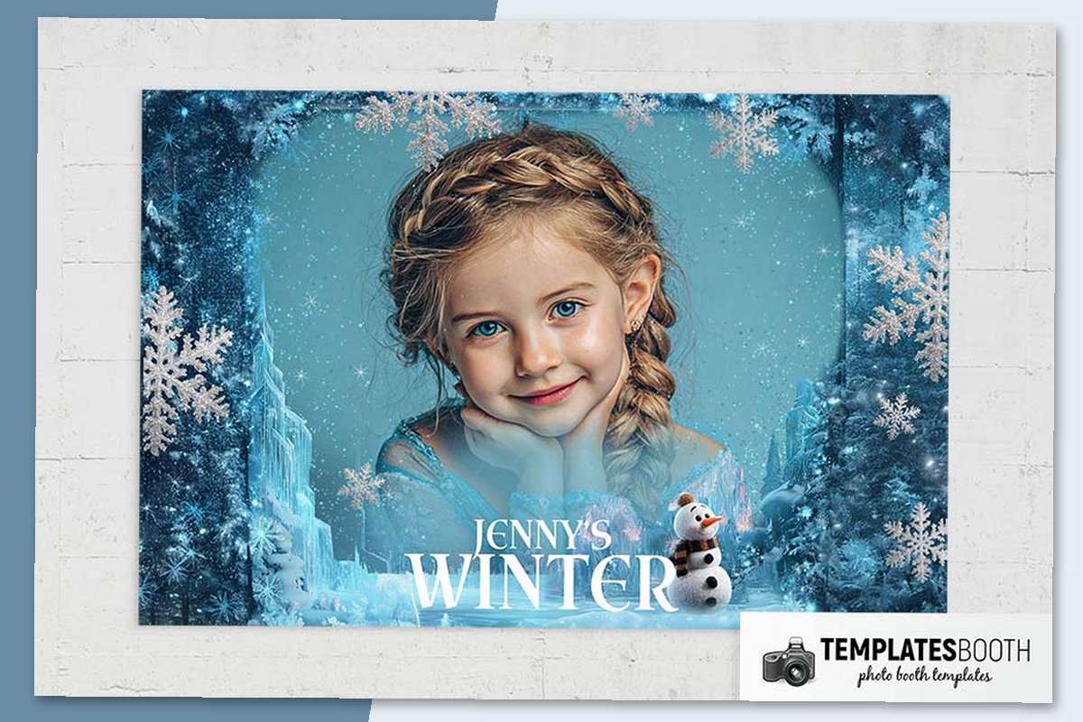 Frozen Birthday photo booth template with icy castles, snowy trees, snowmen, and frosted blue photo borders
