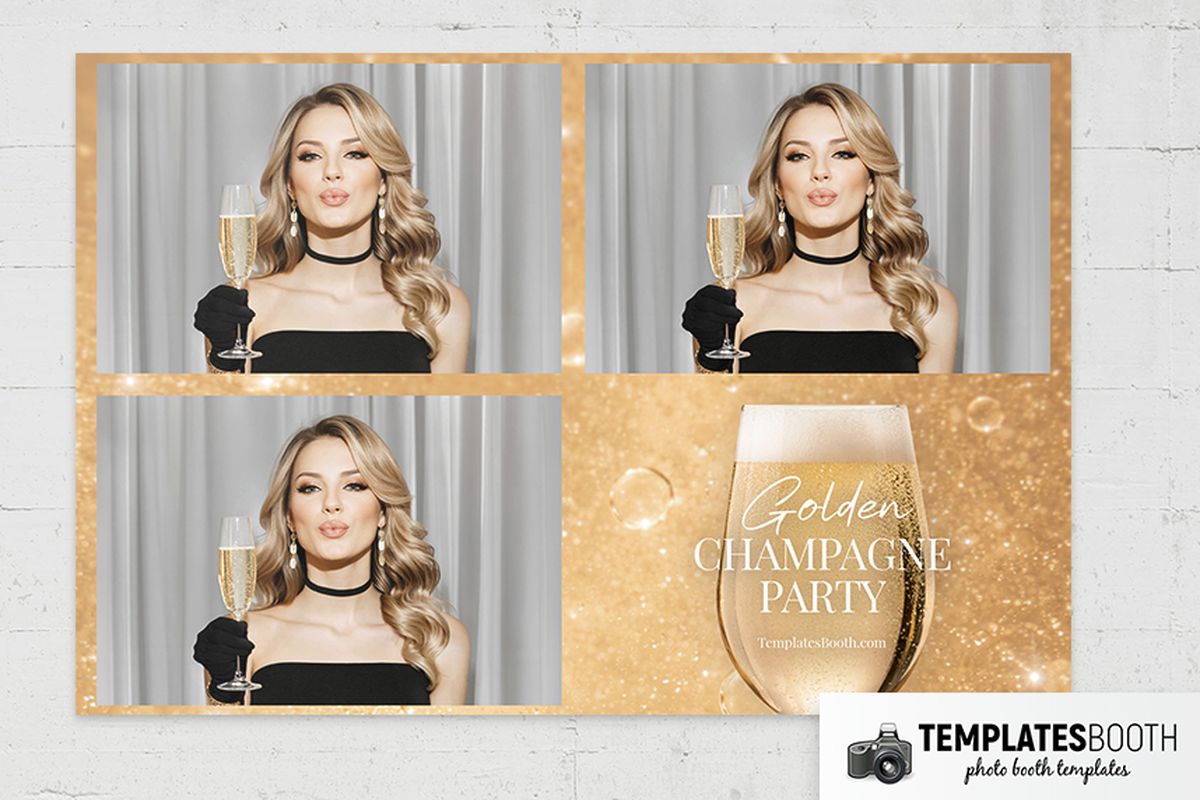 Golden Champagne Party photo booth template with gold glitter borders, white sparkles, bubbles, and a large champagne flute