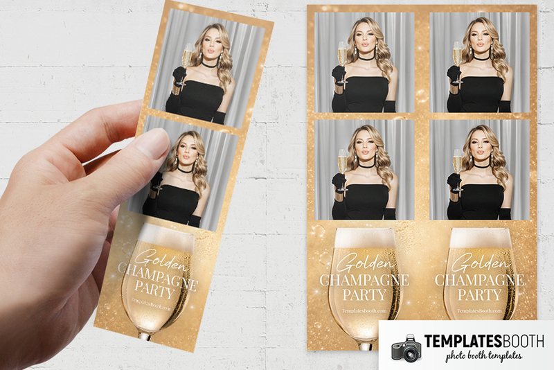 Golden Champagne Party photo booth template: hand holding two-photo strip beside paired matching strips