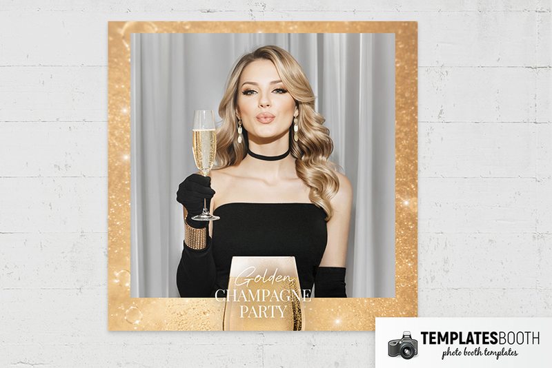 Golden Champagne Party photo booth template: square gold print with one large photo