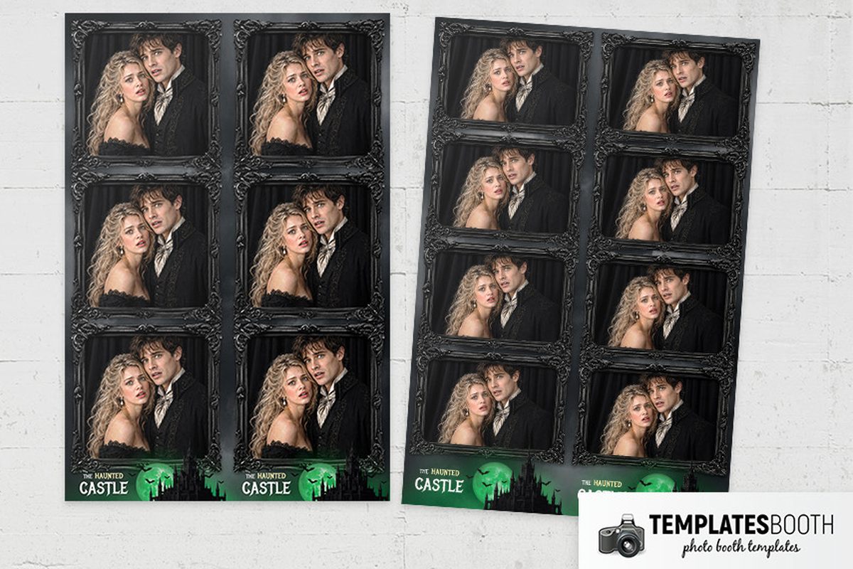Halloween photo booth template with ornate black frames, a green moon, bats and a silhouetted Gothic castle