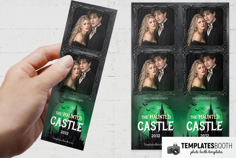 Halloween Castle photo booth template: two-photo strip held in hand beside two matching strips