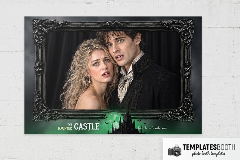 Halloween Castle photo booth template: landscape print with one framed photo and haunted castle footer