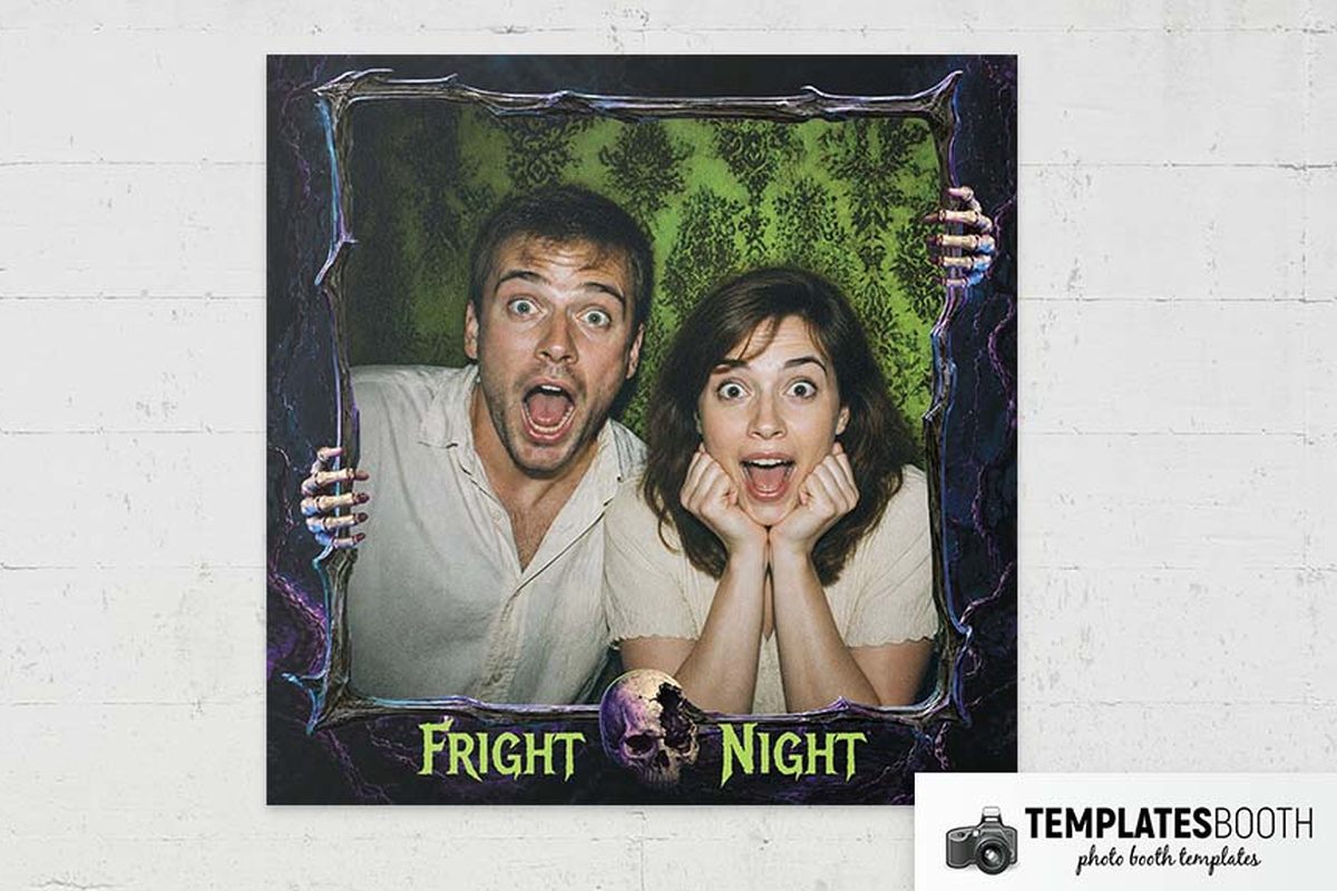 Halloween photo booth template with skeletal hands gripping jagged frames, green damask details and a cracked skull