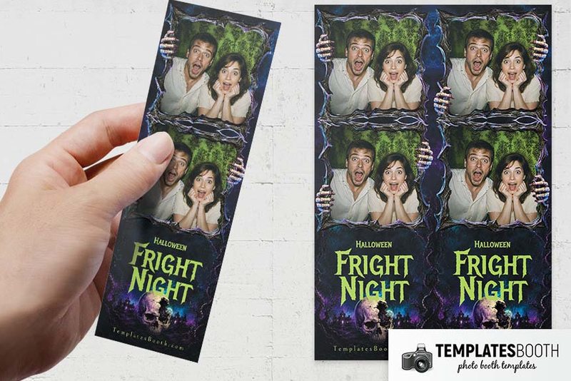 Halloween Fright Night photo booth template: two-photo Halloween strip held beside two matching strips