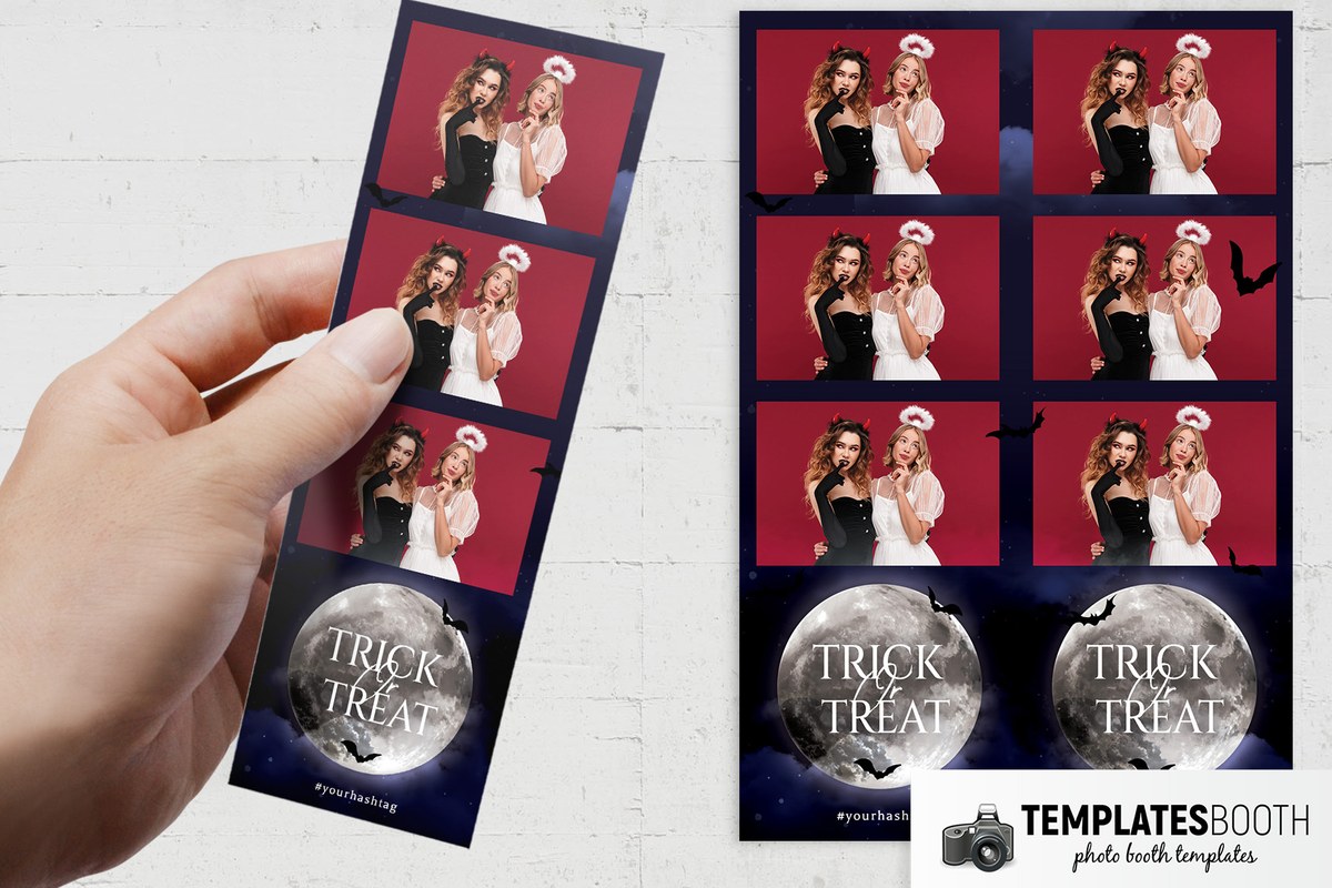 Halloween photo booth template with two stacked photo openings, a large full moon, blue clouds and black bats