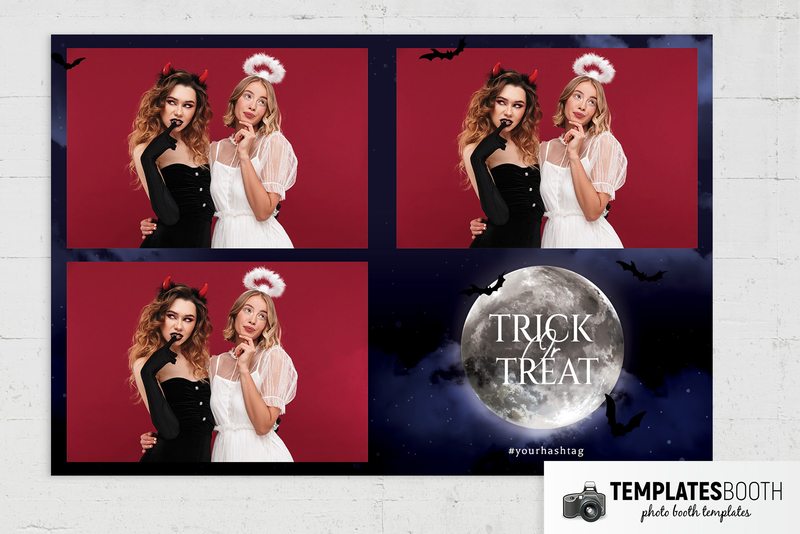 Halloween photo booth template (full moon and bats): landscape print with three photos and large moon title