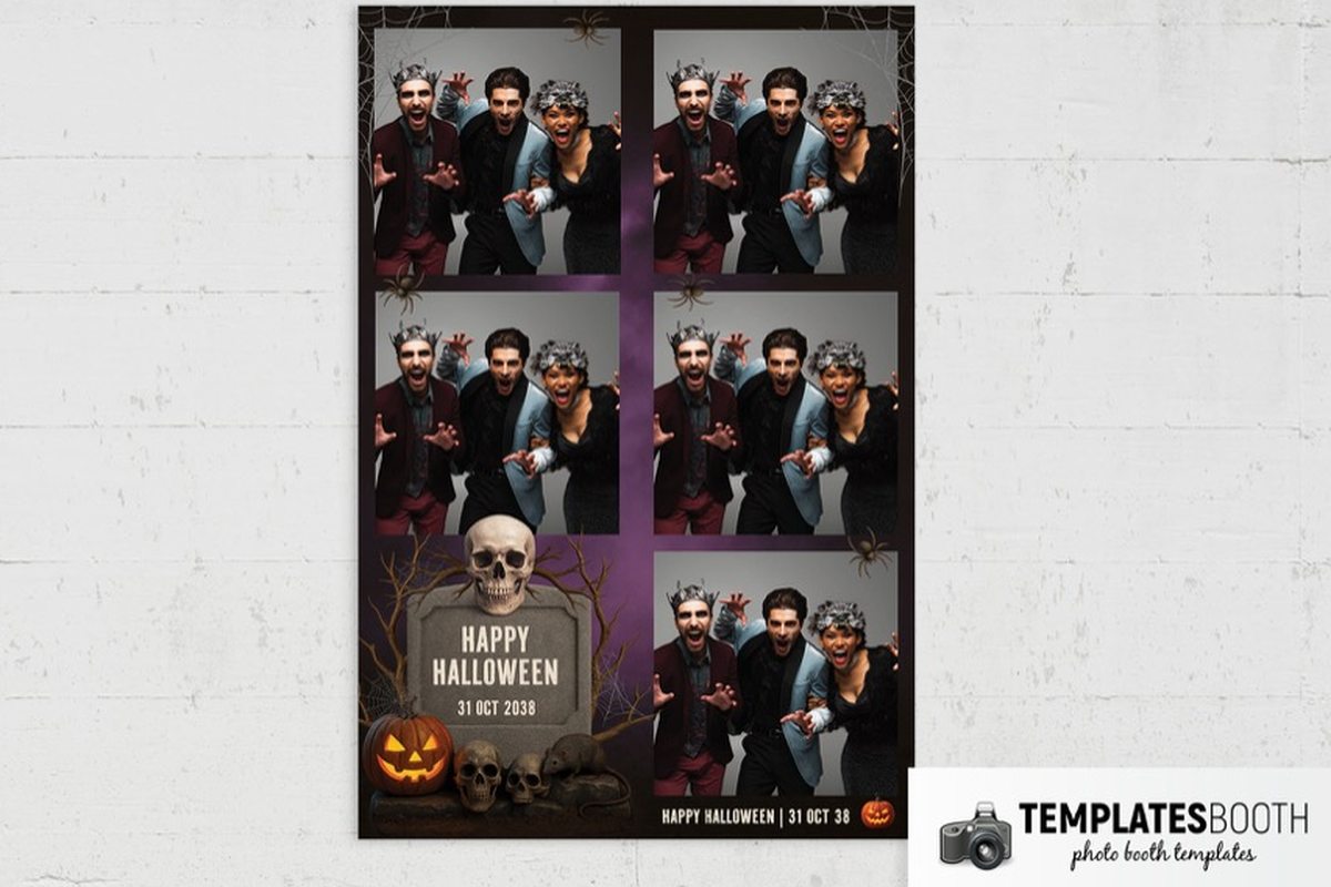 Halloween photo booth template with purple borders, a grey tombstone, skulls, rats and a glowing pumpkin
