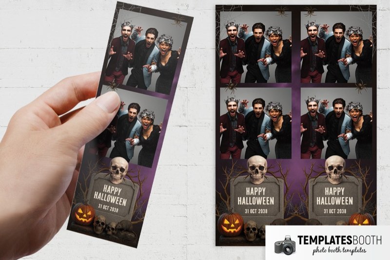 Halloween Graveyard photo booth template: two-photo Halloween strip held beside two matching strips