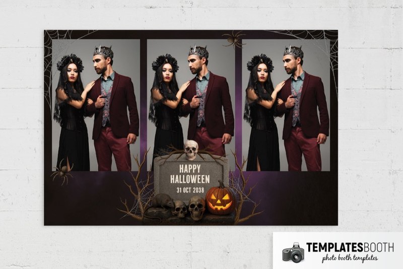 Halloween Graveyard photo booth template: three vertical photos on a landscape Halloween print