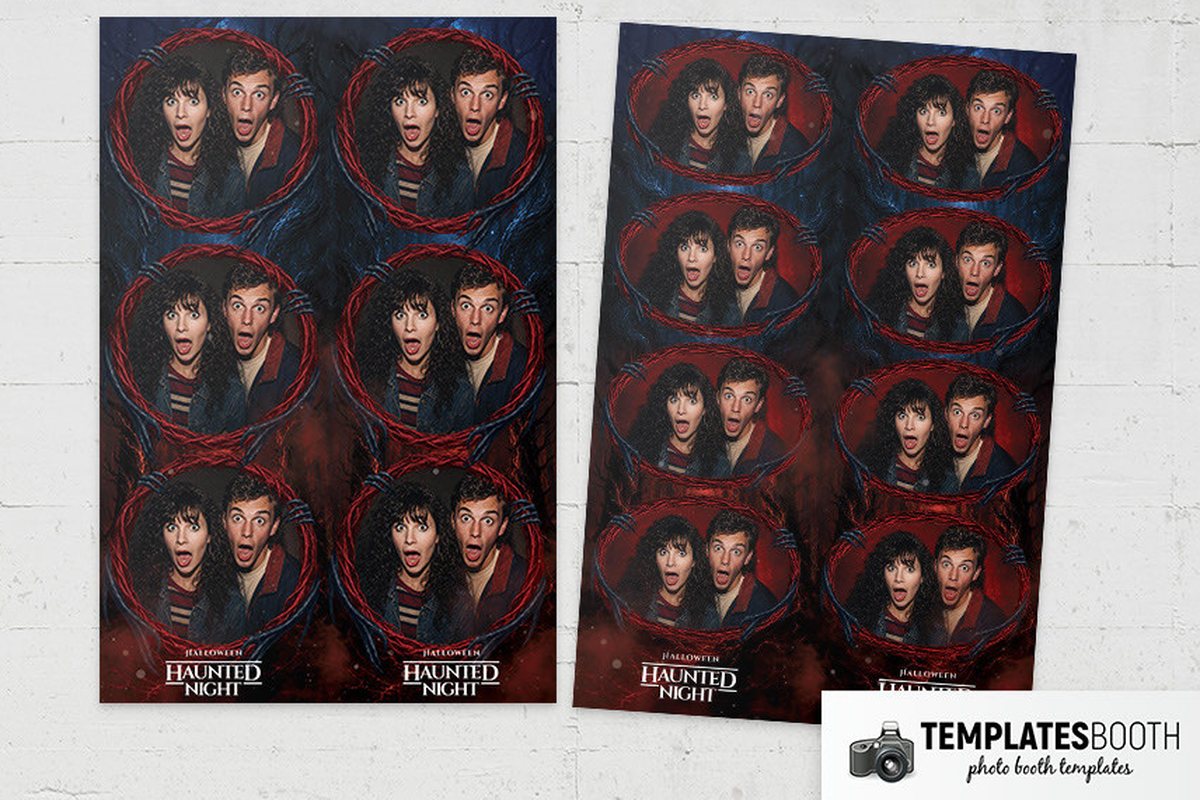 Halloween photo booth template with oval photo openings, tangled red branches and a shadowy blue forest