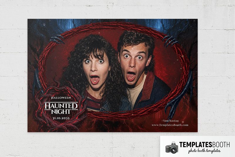 Halloween Haunted Night photo booth template: landscape print with one large oval photo and Haunted Night title