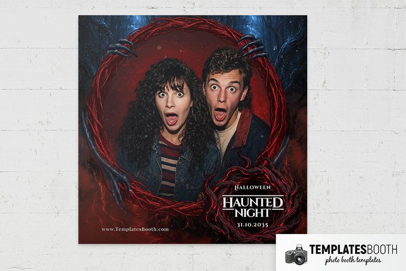 Halloween Haunted Night photo booth template: square print with one photo and Haunted Night title