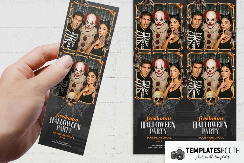 Halloween Party photo booth template (bone frames and skull): two-photo Halloween strip held beside two matching strips