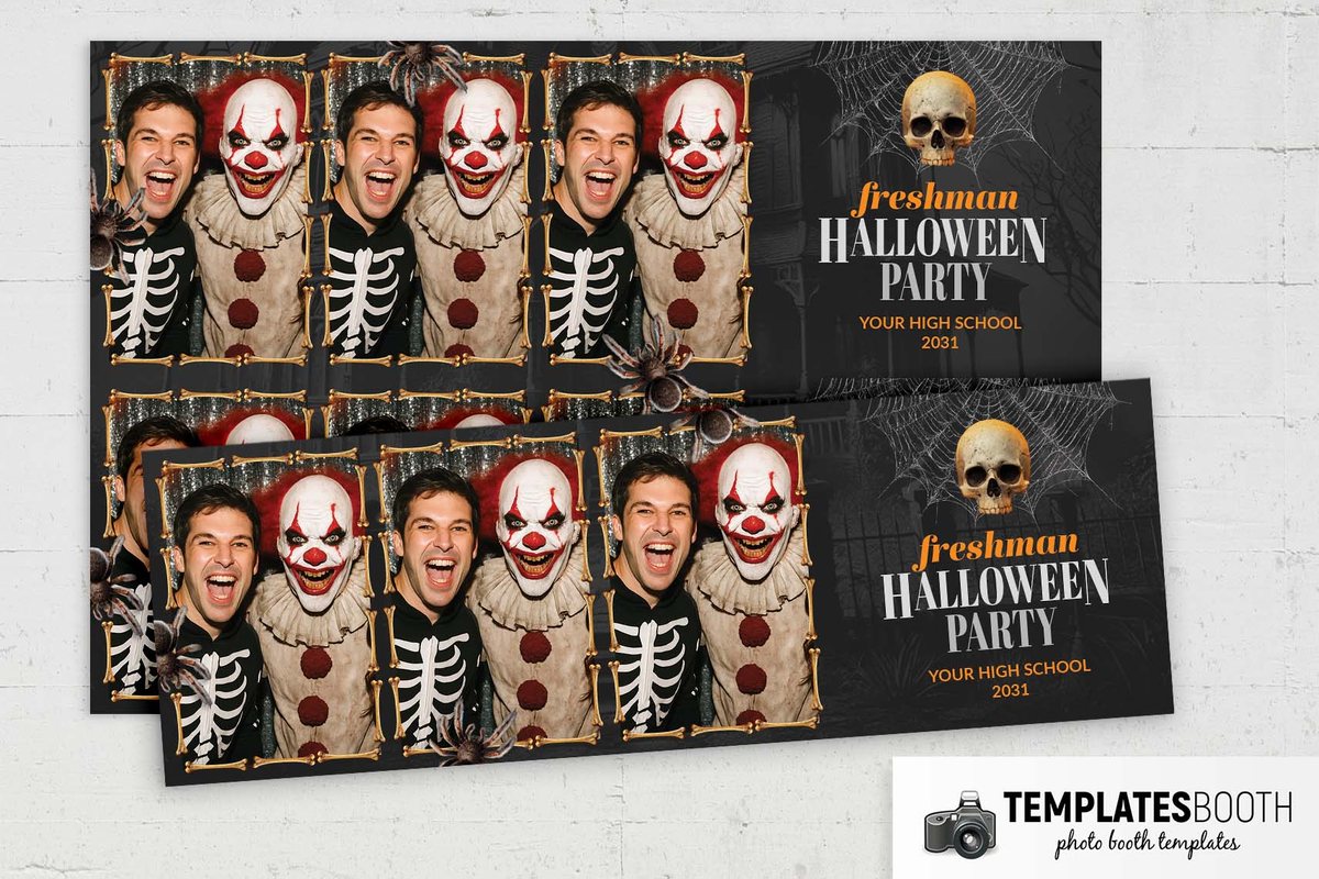 Halloween party photo booth template with bone photo borders, corner spiders and a skull over cobwebs
