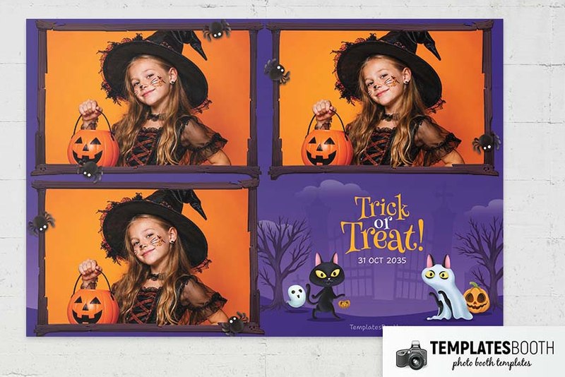 Halloween Party photo booth template (purple cats and spider frames): landscape Halloween print with three photos