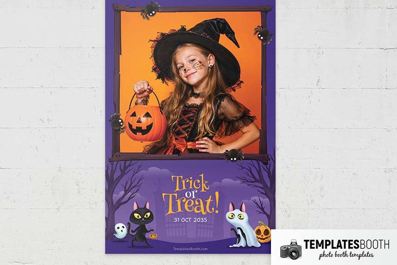 Halloween Party photo booth template (purple cats and spider frames): portrait Halloween print with one photo