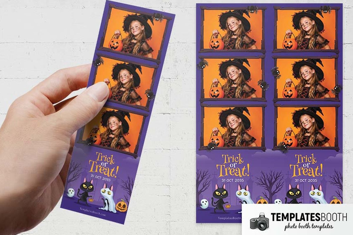 Halloween party photo booth template with purple clouds, crooked wooden frames, cartoon cats, ghosts and pumpkins