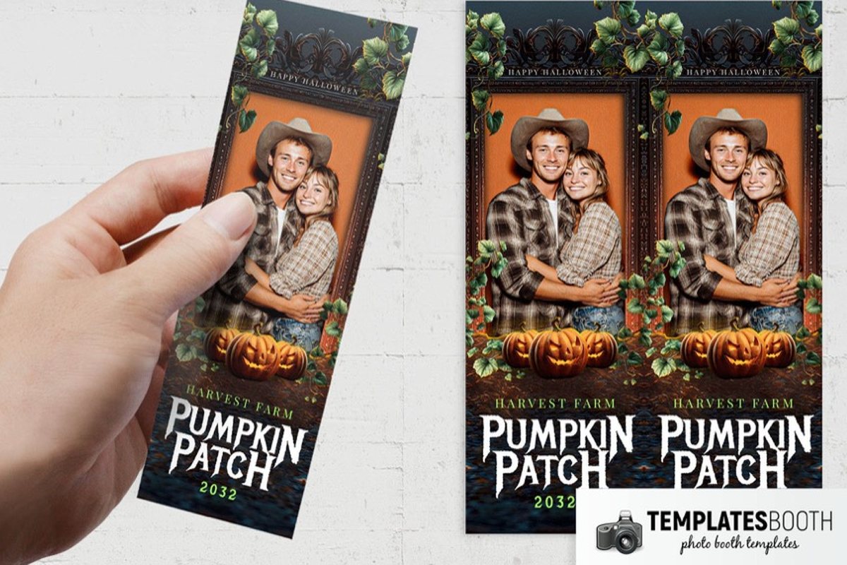 Halloween photo booth template with an ornate black frame, green pumpkin vines and glowing orange pumpkins