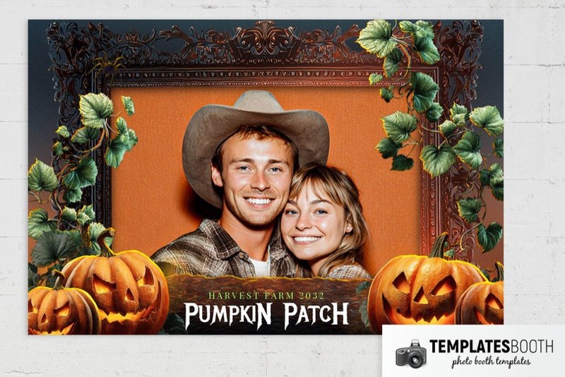 Halloween Pumpkin Patch photo booth template: landscape print with one photo, pumpkins, vines, and ornate frame
