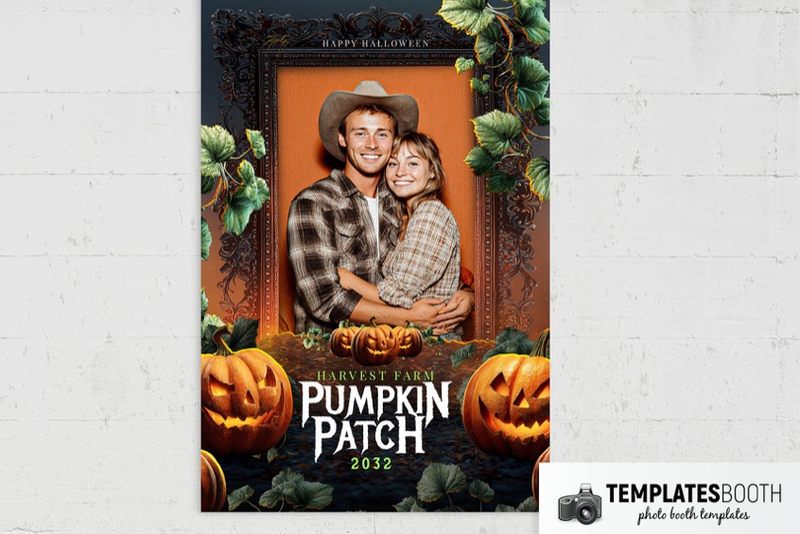 Halloween Pumpkin Patch photo booth template: portrait print with one photo, pumpkins, vines, and ornate frame