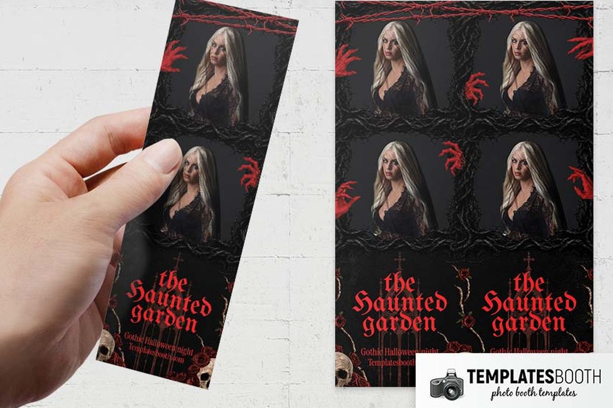 Halloween photo booth template with red reaching hands, black branches, beige skulls and dark red roses