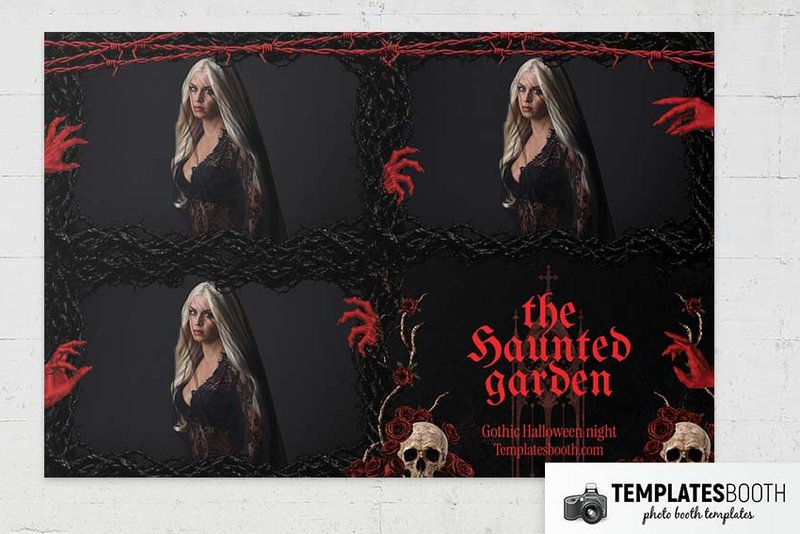 Halloween photo booth template (red hands and skulls): landscape print with three photos and red Halloween lettering