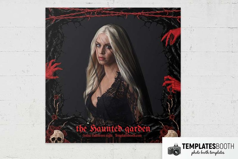 Halloween photo booth template (red hands and skulls): square print with one photo framed by branches and skulls