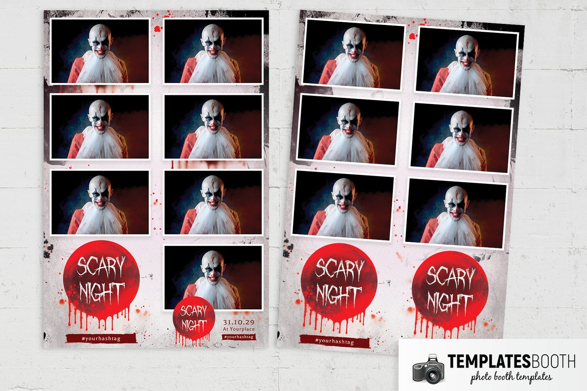 Halloween photo booth template with white photo borders, red splatters and a large dripping red circle