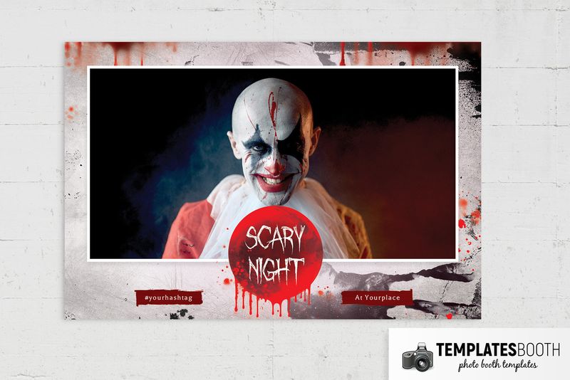 Halloween Scary Night photo booth template: landscape print with one clown photo and red Scary Night emblem