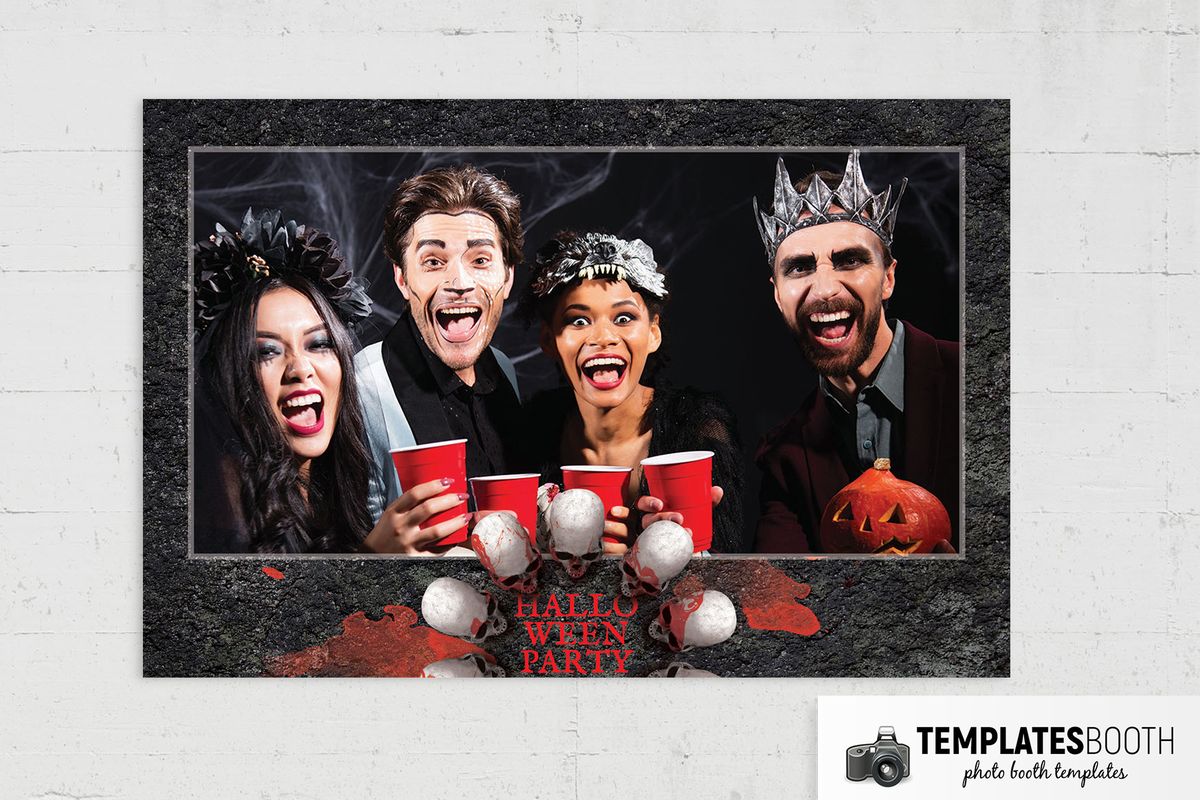 Halloween photo booth template with stacked grey photo frames and a ring of white skulls marked by red splatters