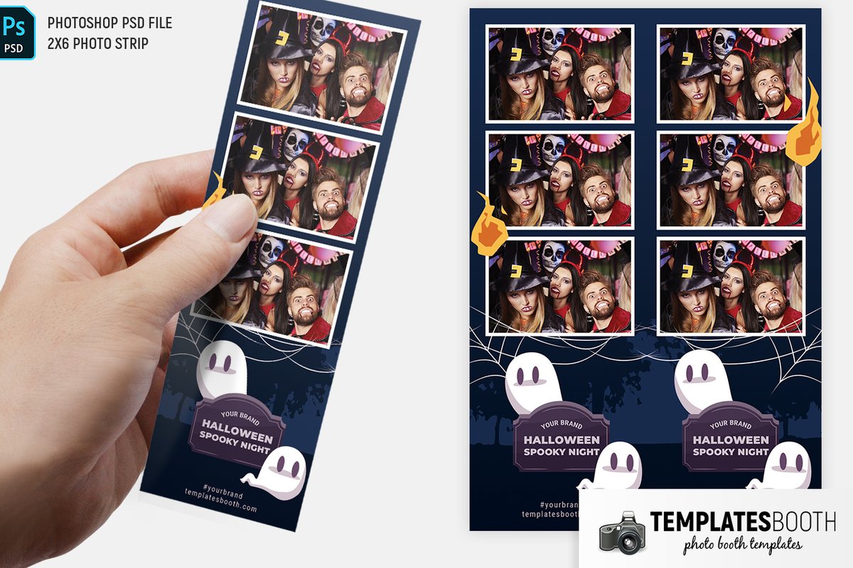 Halloween photo booth template with three stacked photos, an orange pumpkin, purple bats and a hanging spider