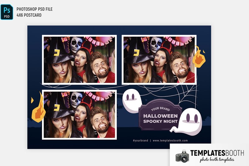 Halloween Spooky Night photo booth template: landscape Halloween postcard with three photos and white ghosts