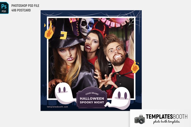 Halloween Spooky Night photo booth template: square Halloween layout with one photo and white ghosts