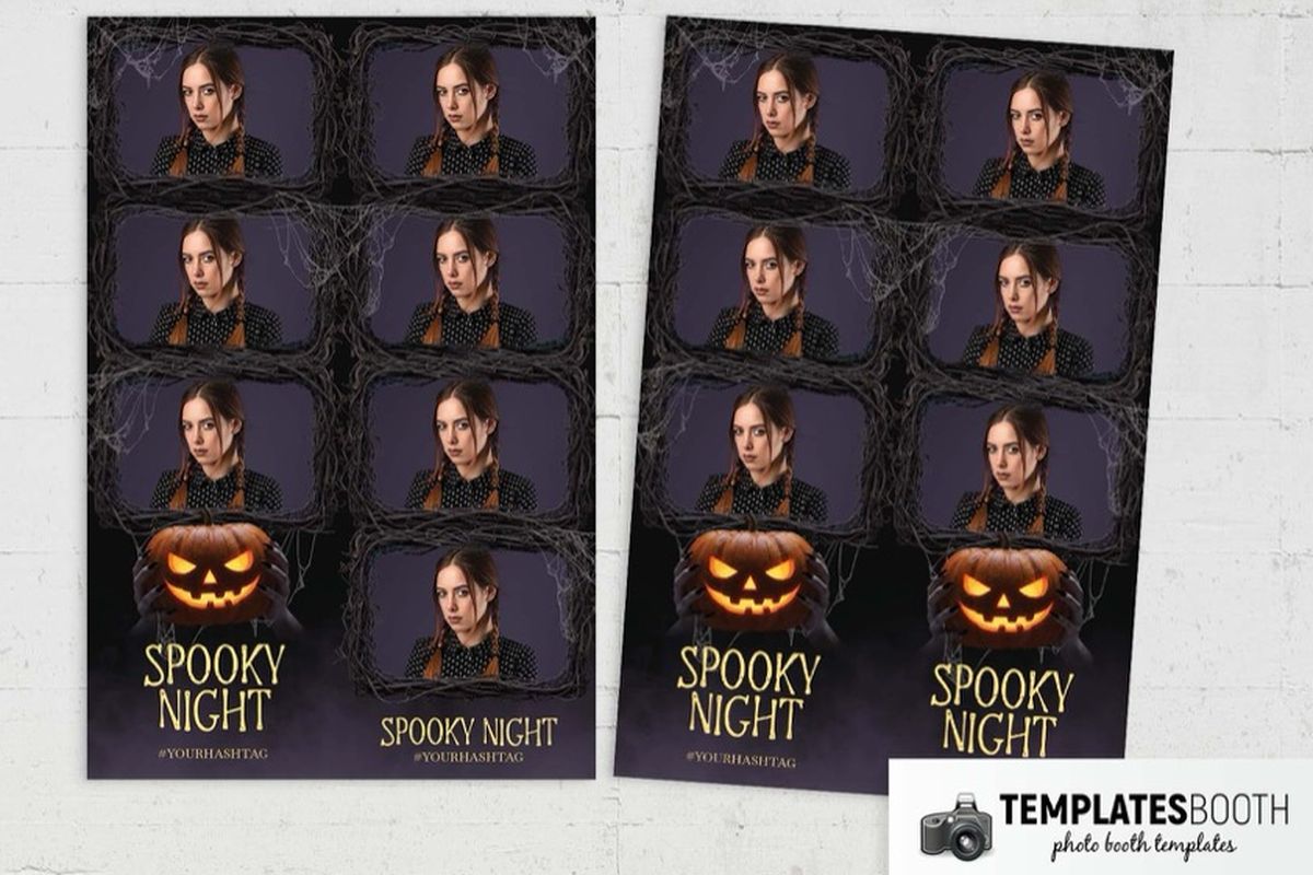 Halloween photo booth template with tangled branch frames and dark hands holding a glowing jack-o’-lantern