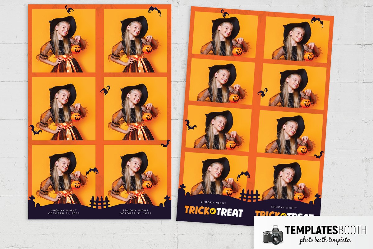 Halloween photo booth template with orange photo borders, a yellow moon and three trick-or-treater silhouettes