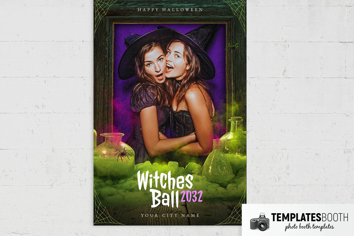 Halloween photo booth template with a distressed wooden frame, potion bottles, green smoke and cobwebs